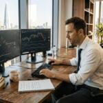 Trader monitoring forex EA on corner office desk