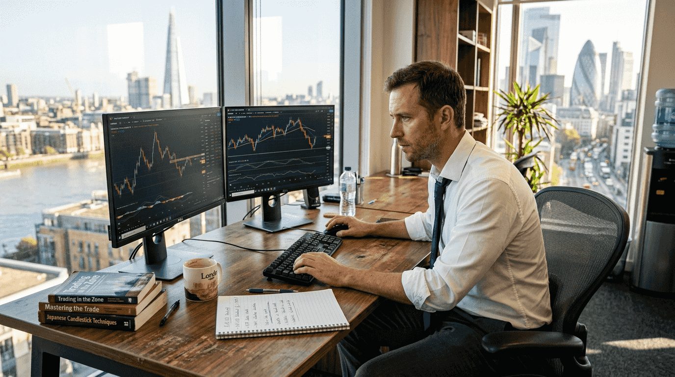 Trader monitoring forex EA on corner office desk