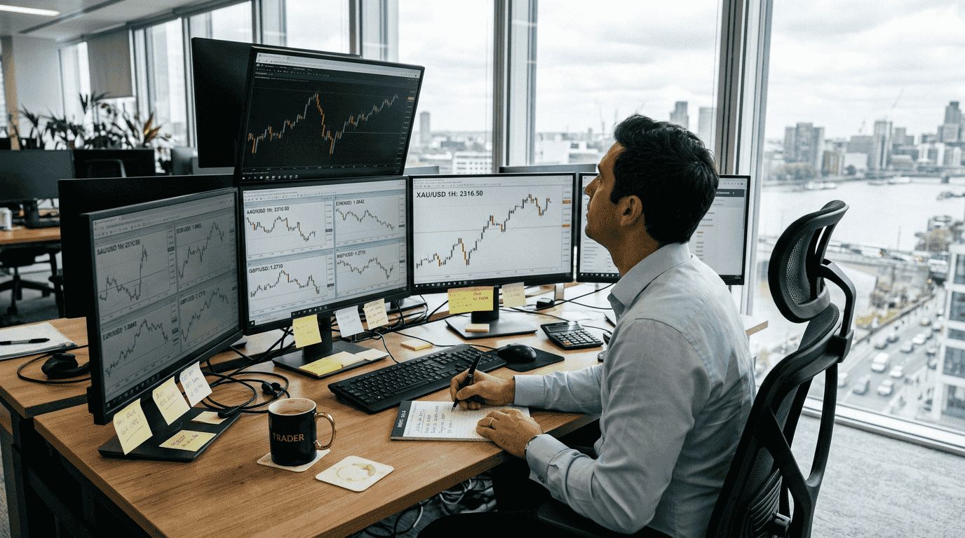 Trader at workstation monitoring forex and gold automation