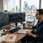 Trader in office reviews gold and forex charts