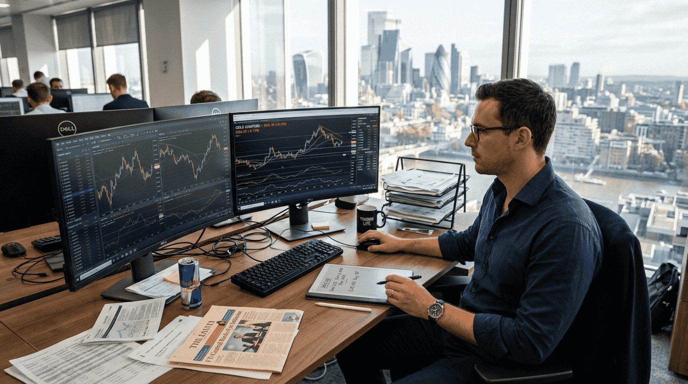 Trader in office reviews gold and forex charts