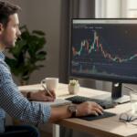 Trader analyzing forex and gold chart at desk