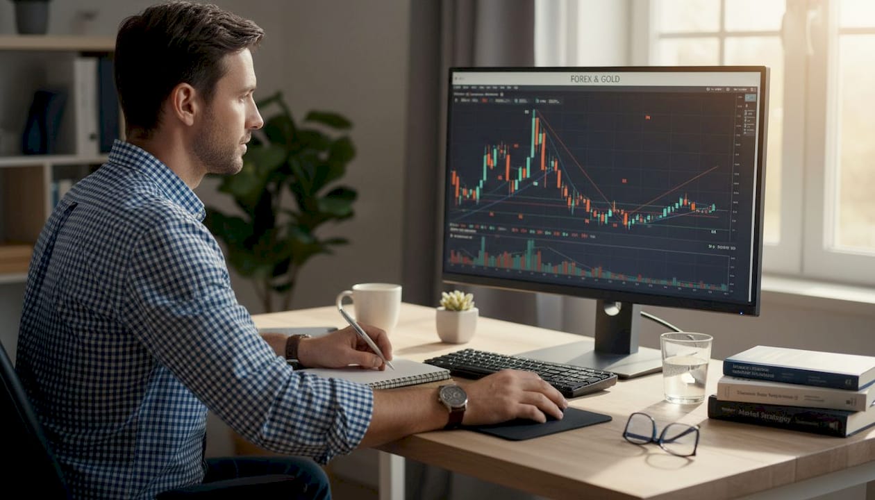 Trader analyzing forex and gold chart at desk