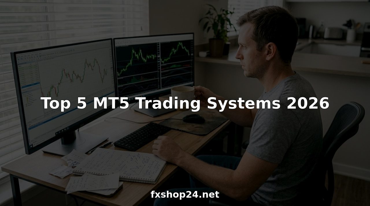 Trader reviews MT5 trading systems at home desk