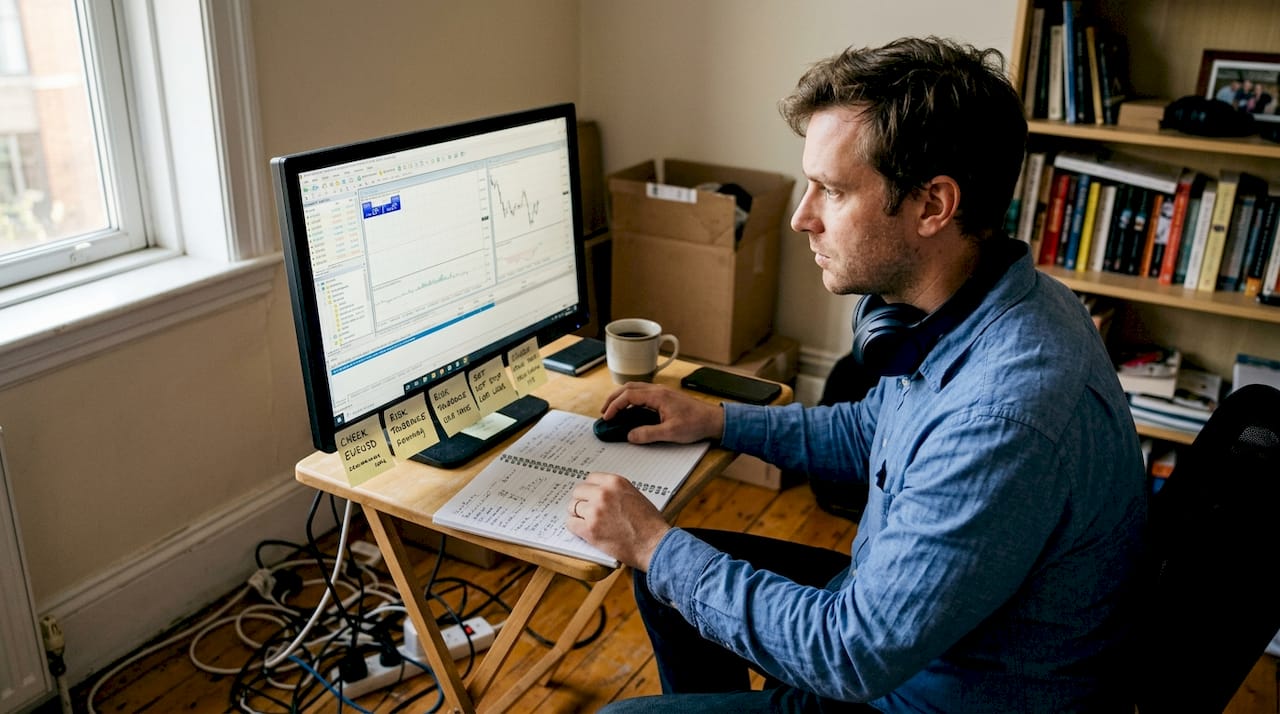 Trader configuring MT5 in a home office
