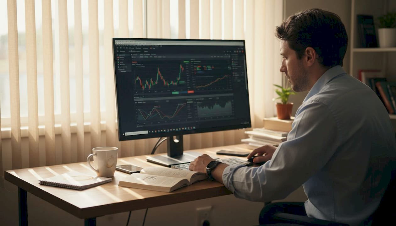 Forex trader reviewing platform in home office