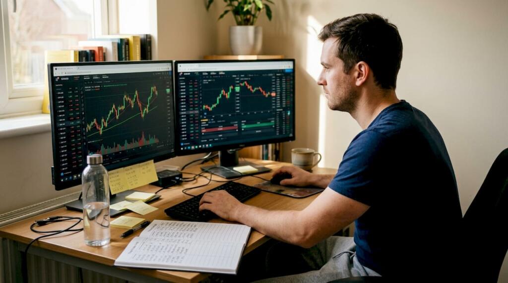 Home 43 Forex trader reviewing charts in home office
