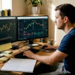 Forex trader reviewing charts in home office