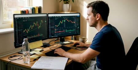 Forex trader reviewing charts in home office