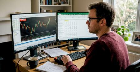 Forex trader studying charts and notes