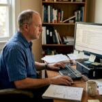 Trader checks MT4 error logs at home desk