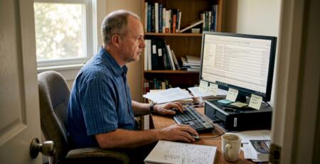 Trader checks MT4 error logs at home desk