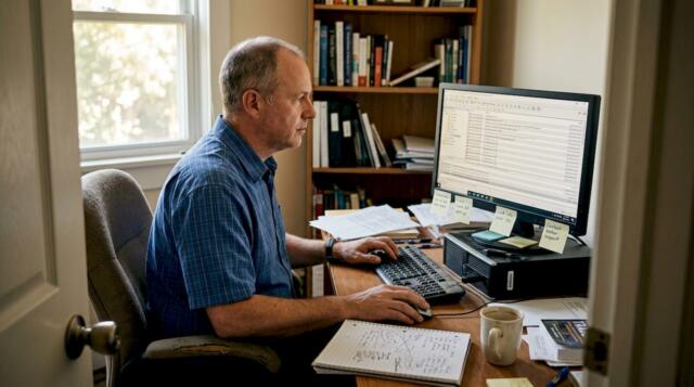 Trader checks MT4 error logs at home desk