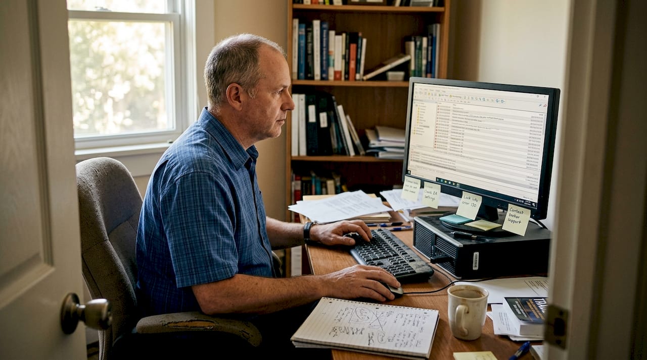 Trader checks MT4 error logs at home desk