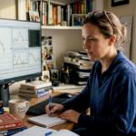 Woman reviewing forex charts in home office