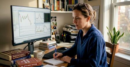 Woman reviewing forex charts in home office