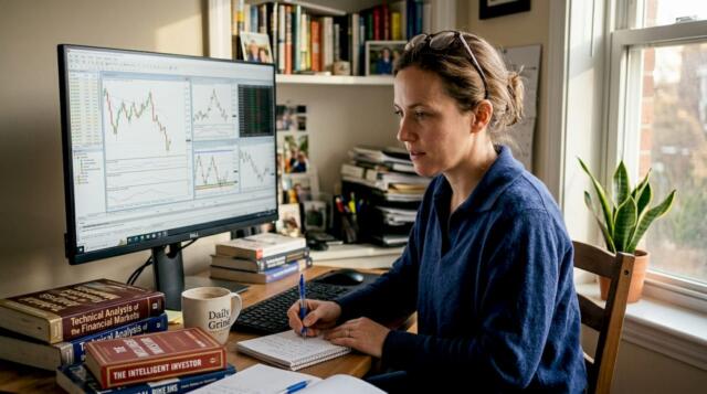 Woman reviewing forex charts in home office