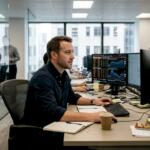 Prop trader at busy office workstation