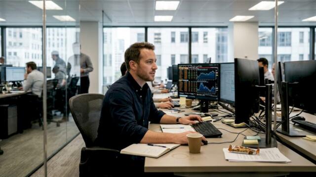 Prop trader at busy office workstation