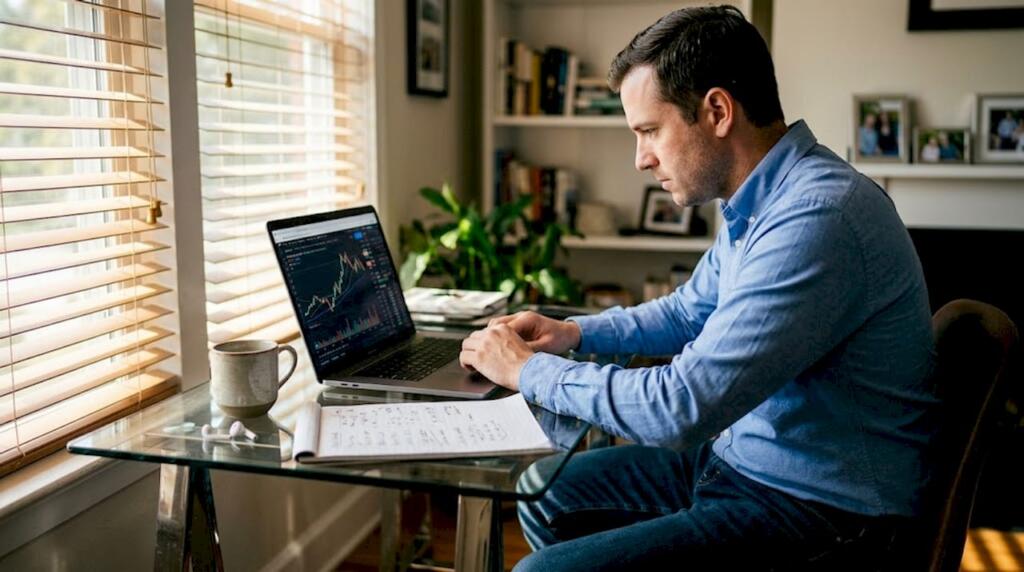 Man trading with AI system on home office laptop