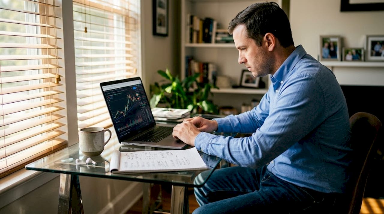 Man trading with AI system on home office laptop