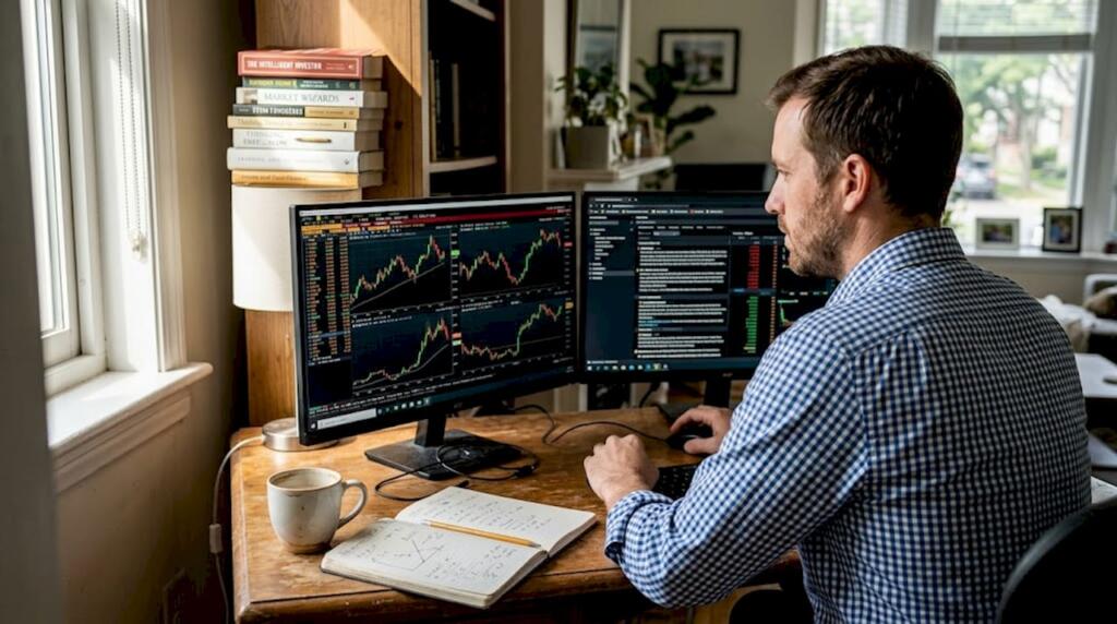 Man using automated trading software at home desk