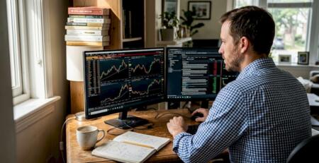 Man using automated trading software at home desk