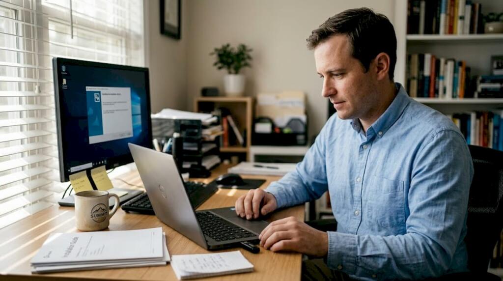 Man prepping trading software in home office