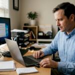 Man prepping trading software in home office