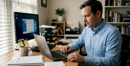 Man prepping trading software in home office