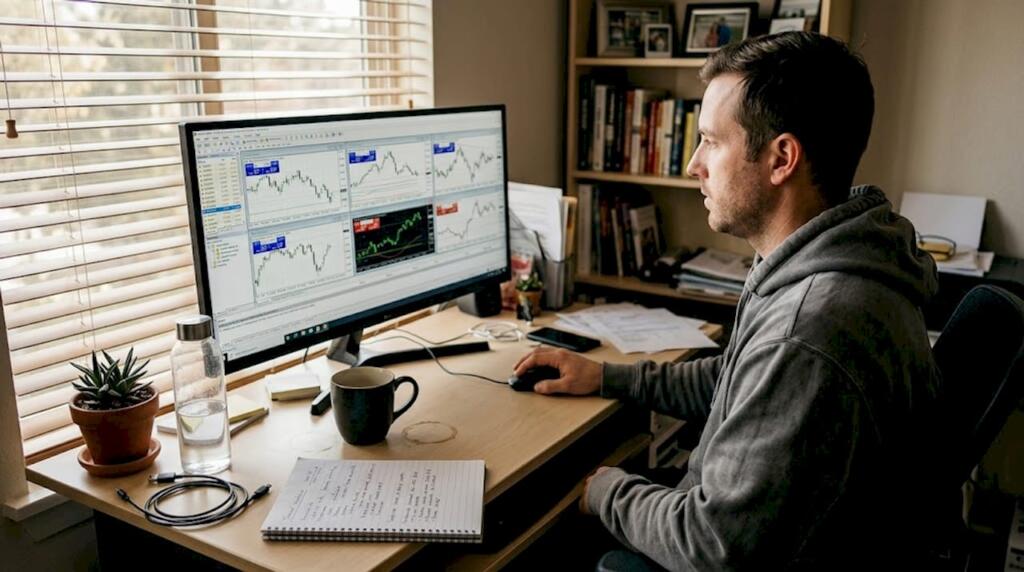 Forex trader at home office setting up EA