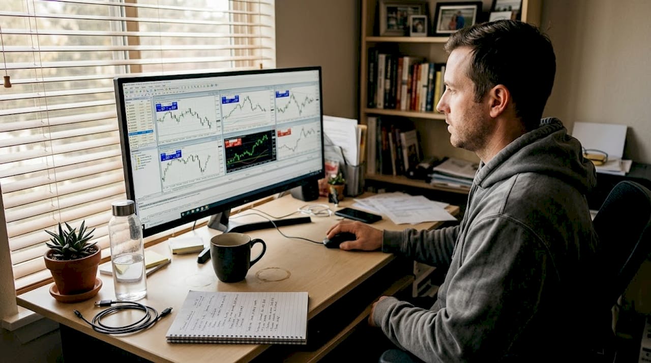 Forex trader at home office setting up EA