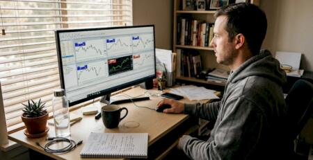 Forex trader at home office setting up EA