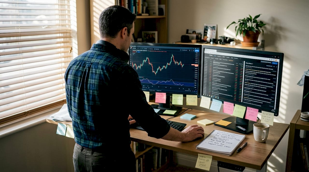 Home trader watching forex and gold charts