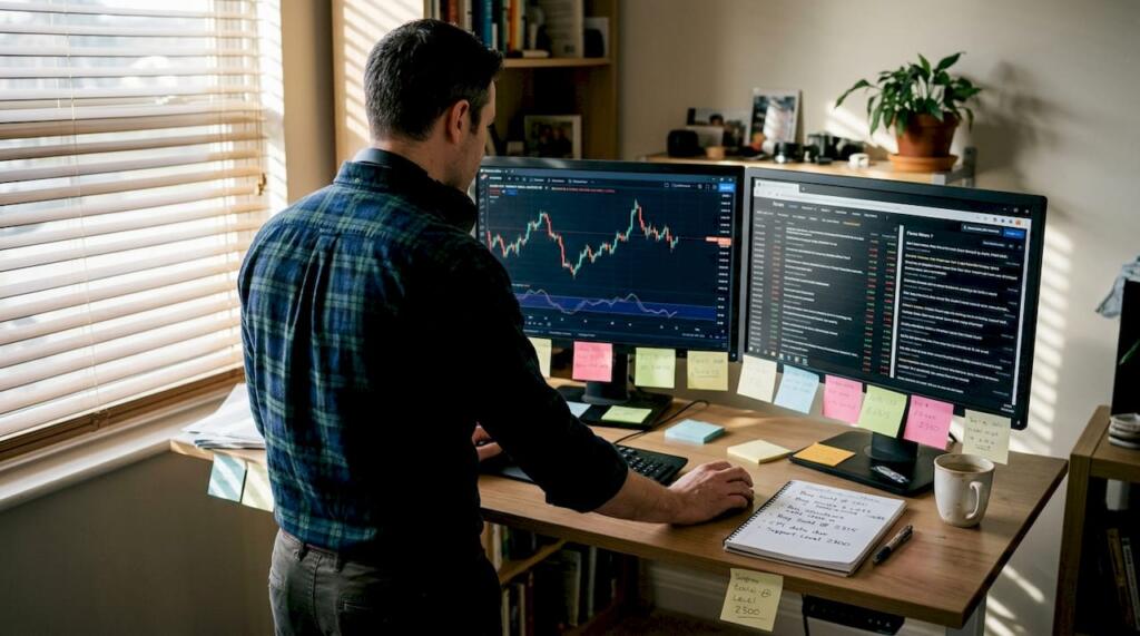 Home trader watching forex and gold charts