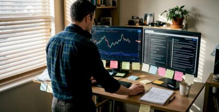 Home trader watching forex and gold charts