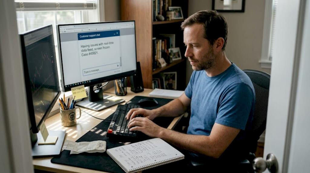 Trader seeking support at home office desk