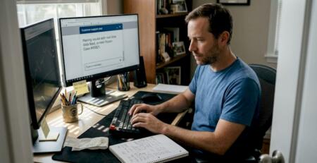 Trader seeking support at home office desk