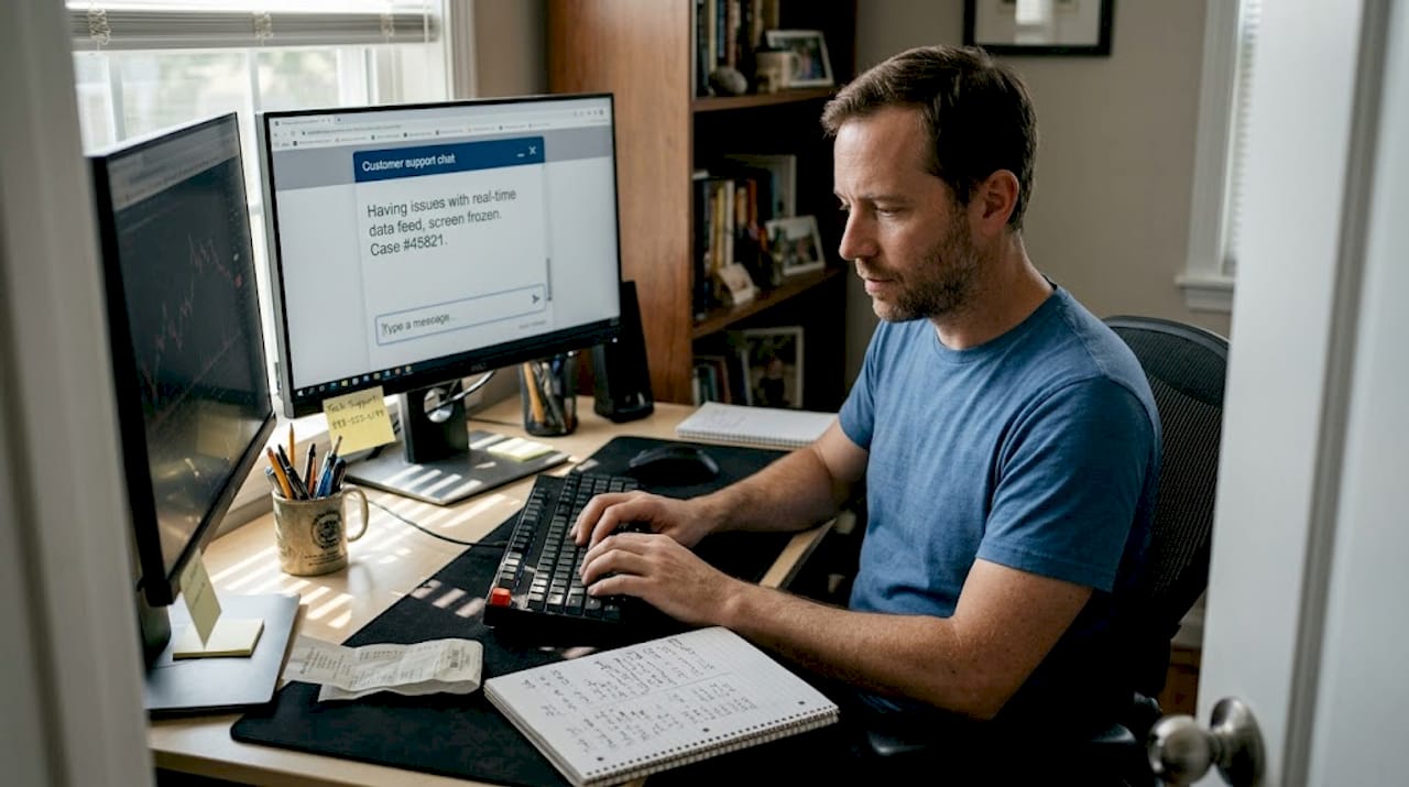 Trader seeking support at home office desk