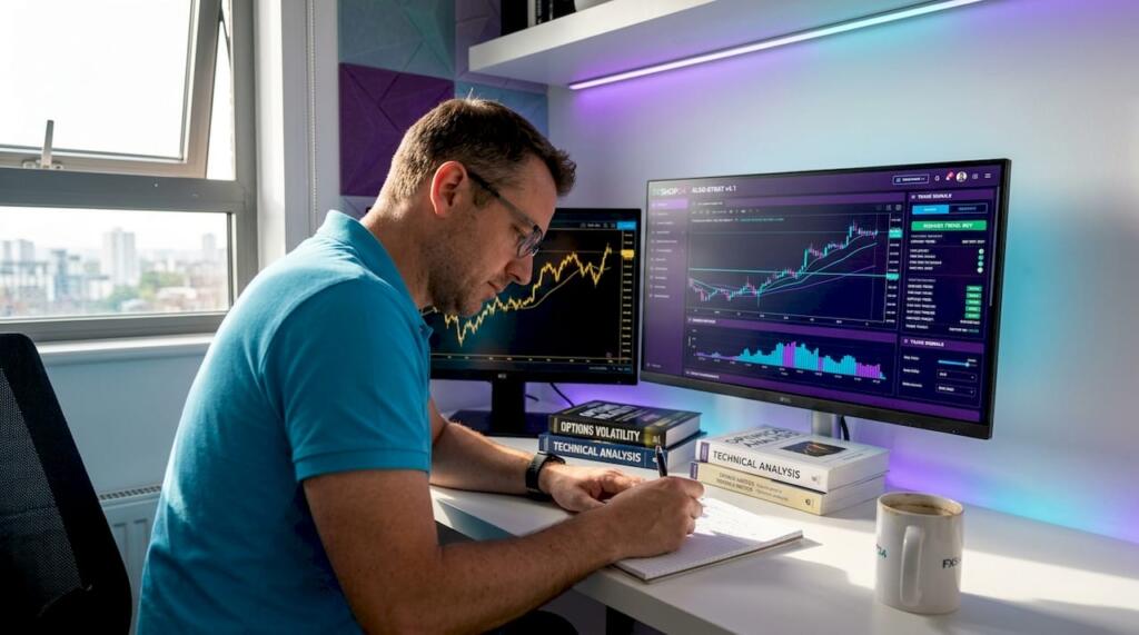 Man automating trades in home office