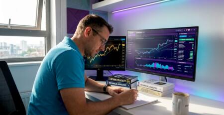 Man automating trades in home office