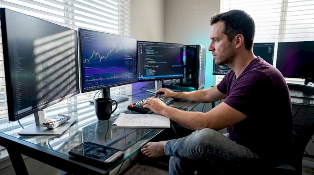 Man optimizing trading algorithms at desk