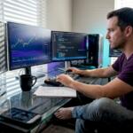 Man optimizing trading algorithms at desk