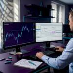 Forex trader places orders on desktop monitors