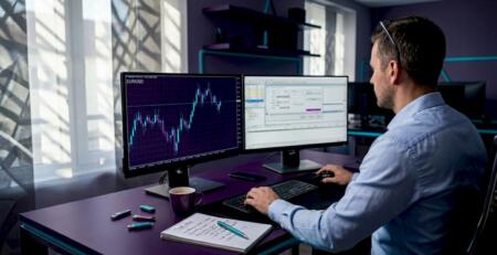 Forex trader places orders on desktop monitors