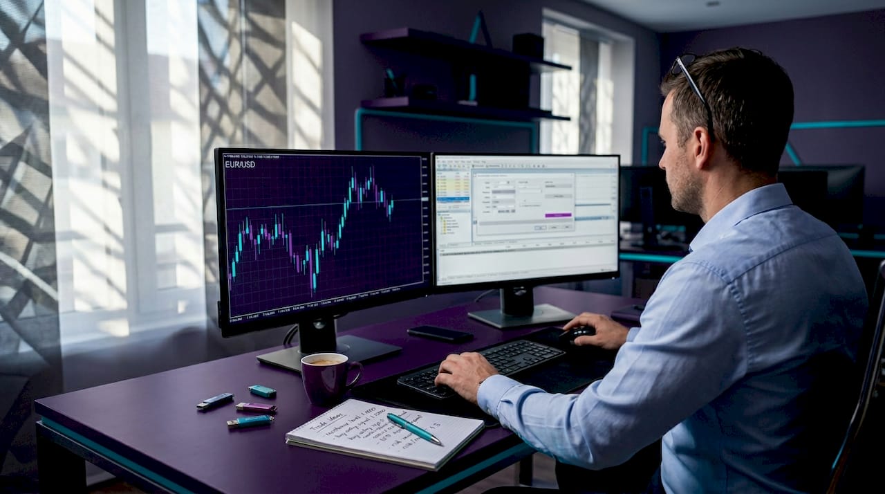Forex trader places orders on desktop monitors