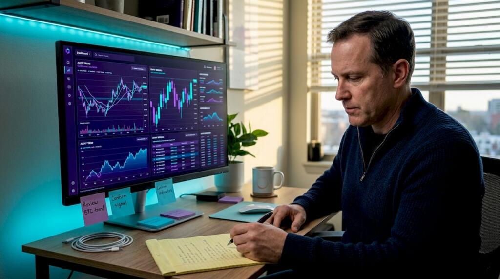 Automated trader reviewing account rules home office