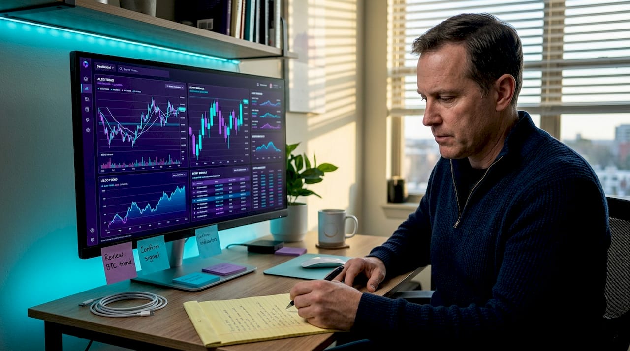 Automated trader reviewing account rules home office