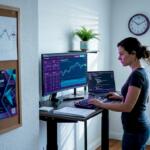 Forex algorithm trader working at standing desk