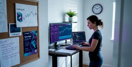 Forex algorithm trader working at standing desk
